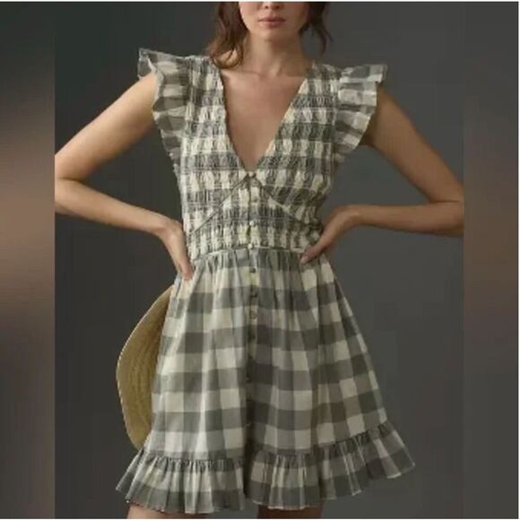 Anthropologie Peregrine Mini Dress. Size Small Grey Plaid Cottagecore Like NEW - Picture 2 of 10